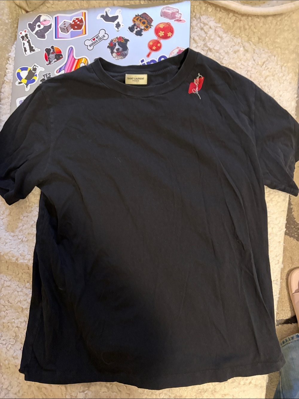 Saint Laurent Black Short Sleeve Crewneck Tee with Red Heart Accent